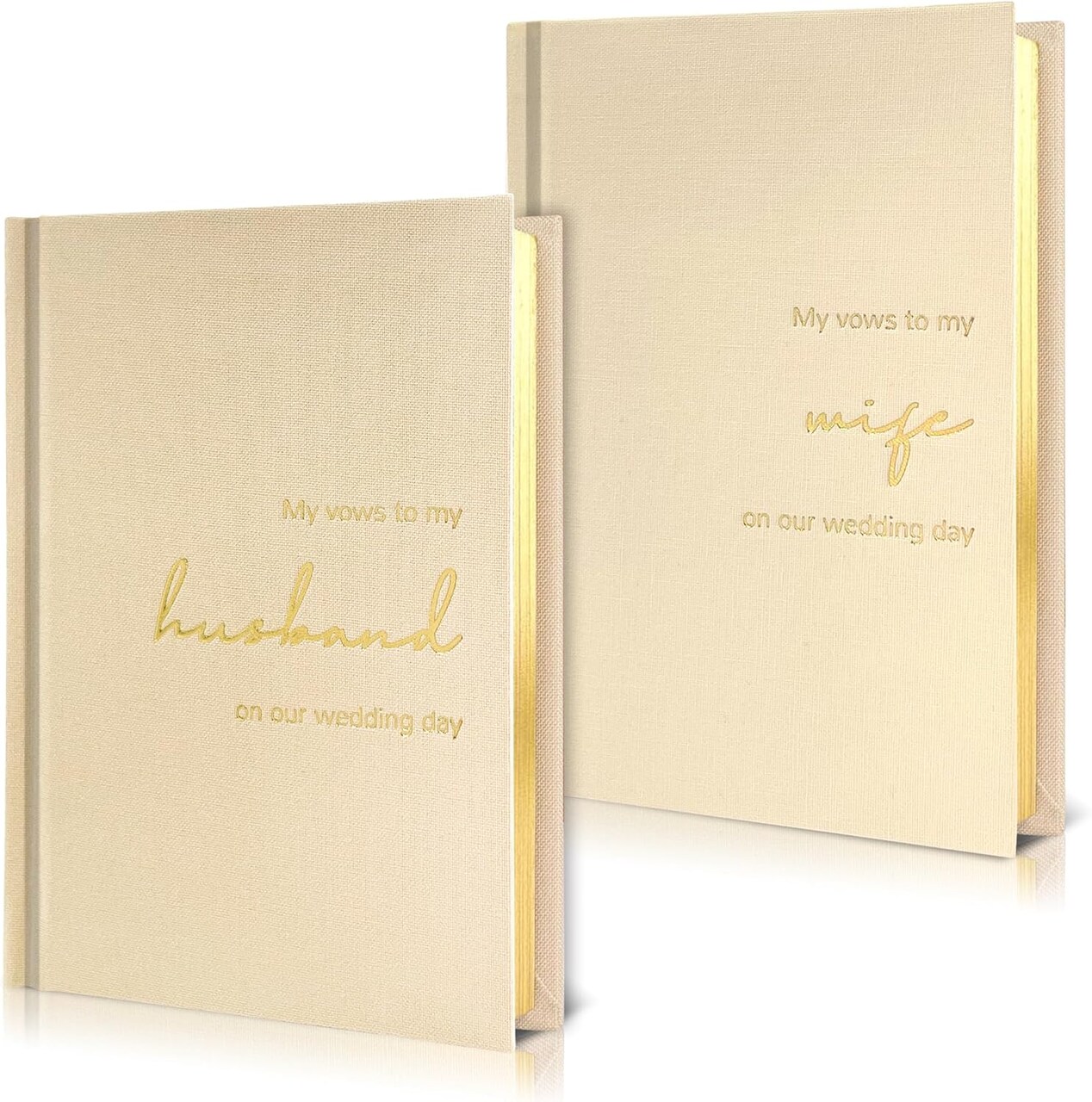 Vow Books His and Hers Set of 2 Canvas Linen Wedding Vow Books Husband and Wife Hard Cover Vow Books for Engagement Gifts(XZ-HW-Beige)